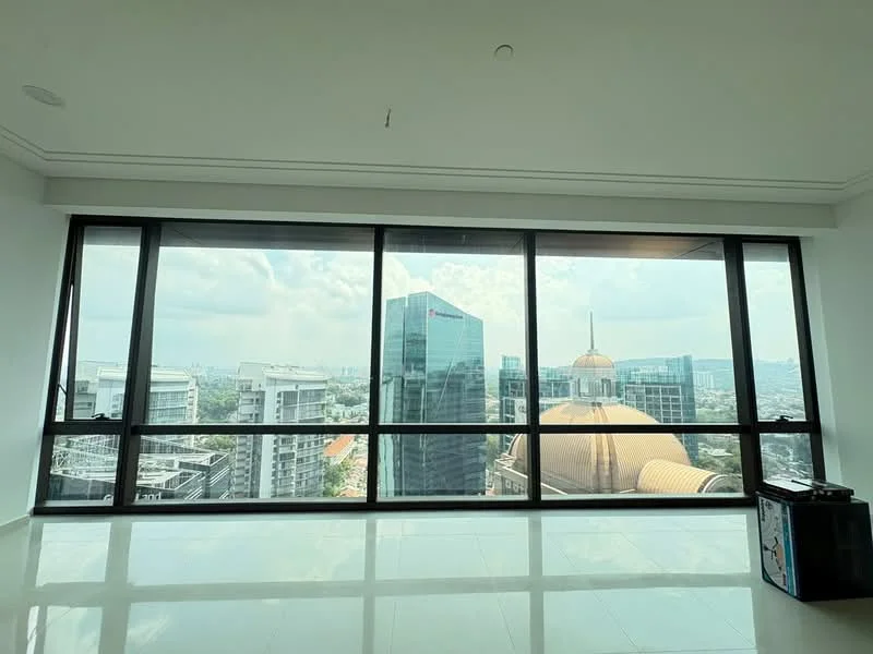 Room features: floor-to-ceiling windows, white painted walls, glossy tile flooring, city skyline view, natural light, open space, minimalist design; style: modern; view: city.