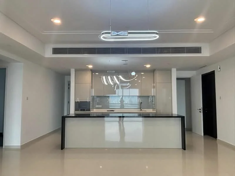 Kitchen features: island kitchen with black countertop, white cabinetry, built-in oven, microwave, stainless-steel sink, chrome pull-down faucet, glass backsplash, pendant light fixture, recessed downlights, open layout, floor-to-ceiling windows, neutral wall colour, polished tile flooring; style: modern; view: city.