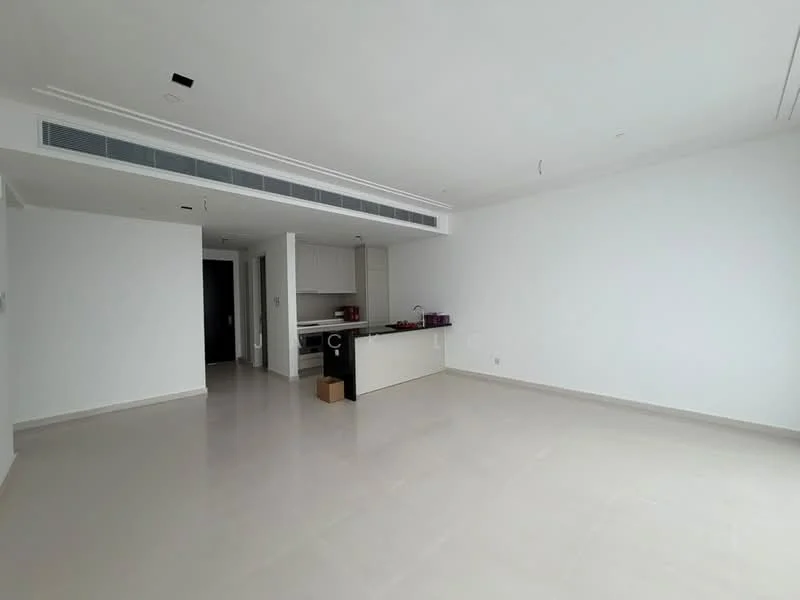 Living features: white painted walls, light-colored tile flooring, recessed downlights, air conditioning vent, open layout, kitchen area visible, no visible furniture, large windows, neutral color scheme; style: modern. Kitchen features: white cabinetry, countertop, built-in appliances, open layout to living area; style: modern.