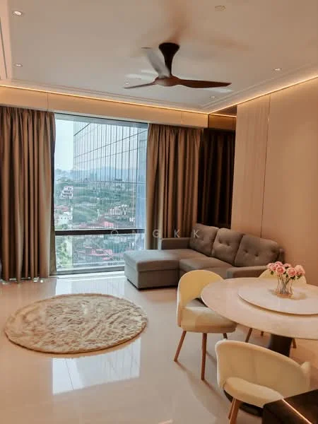 Living features: grey fabric sectional sofa, round area rug, white dining table, upholstered dining chairs, floor-to-ceiling windows, curtains, recessed downlights, ceiling fan, decorative vase with flowers, wood paneling, marble flooring; style: modern; view: city.