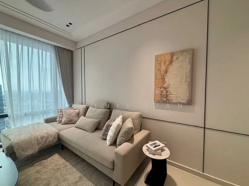 Living features: light grey fabric sofa, decorative throw blanket, cream area rug, framed artwork on wall, floor-to-ceiling windows, sheer curtains, wall-mounted light fixture, neutral painted walls, recessed ceiling lights, small round side table; style: modern; view: city.