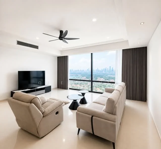 Living features: 3-seater fabric sofa in beige, 2 reclining armchairs in beige, black coffee table, wall-mounted TV, TV console in black, floor-to-ceiling windows, city skyline view, recessed downlights, 5-blade ceiling fan with light, light-colored walls, polished tile flooring, curtains in dark grey; style: modern; view: city.
