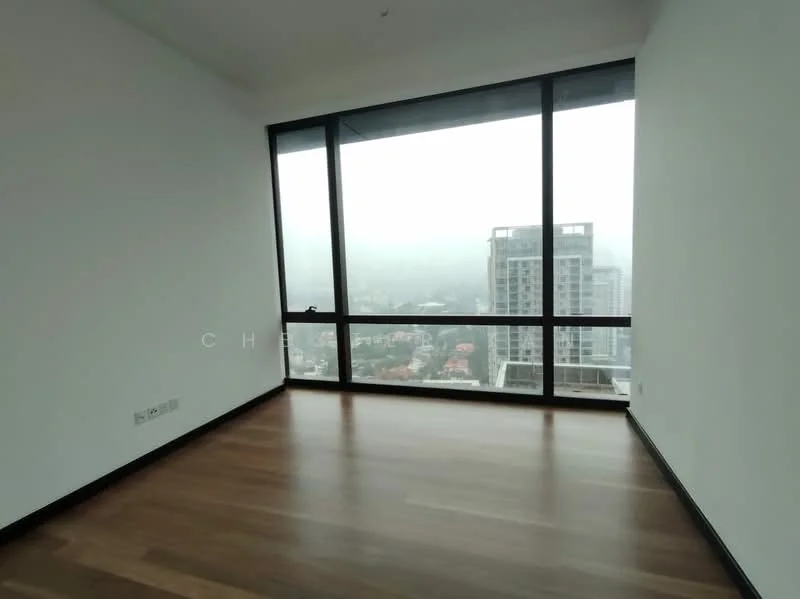 Room features: large floor-to-ceiling windows, wooden flooring, white painted walls, city view, minimalist design; style: modern; view: city.