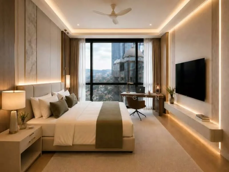 Bedroom features: king-size bed with upholstered headboard, white bedding with green throw blanket, 2 bedside lamps, wall-mounted TV, floating media console, desk with chair, floor-to-ceiling windows, sheer curtains, recessed LED downlights, ceiling fan, carpet flooring, decorative plants; style: modern; view: city.