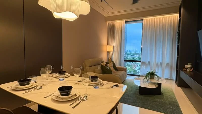 Dining features: round dining table with marble top, 4 upholstered dining chairs, glassware and cutlery on the table, green area rug, floor-to-ceiling windows, sheer curtains, city view, wall-mounted TV unit, sofa in light grey fabric, lamp with warm light; style: modern; view: city.