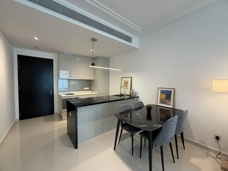 Dining features: black dining table, 4 upholstered dining chairs in grey, pendant light above table, floor-to-ceiling windows, white walls, light-colored flooring, decorative artwork on walls, small potted plant on table; style: modern. Kitchen features: kitchen island with black countertop, built-in cabinets in light color, stainless-steel sink, chrome pull-down faucet, built-in oven, induction cooktop, recessed downlights, open shelving; style: modern.