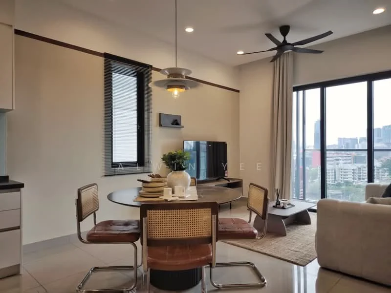 Living features: round dining table with four chairs, 3-seater fabric sofa in light beige, coffee table, floor-to-ceiling windows, ceiling fan with light, wall-mounted TV, decorative plant in vase, neutral wall color, tile flooring, curtains, light fixture; style: modern; view: city.