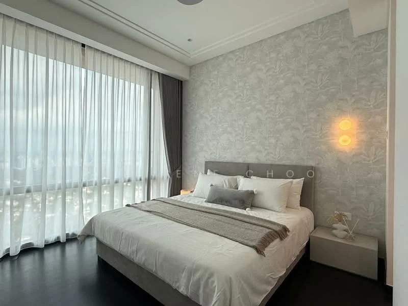 Bedroom features: king-size bed with upholstered headboard, white bedding with decorative pillows, grey throw blanket, nightstand with decorative vase, floor-to-ceiling windows with sheer curtains, dark wood flooring, wall-mounted sconces, textured wallpaper with floral pattern, recessed ceiling lights; style: modern; view: city.
