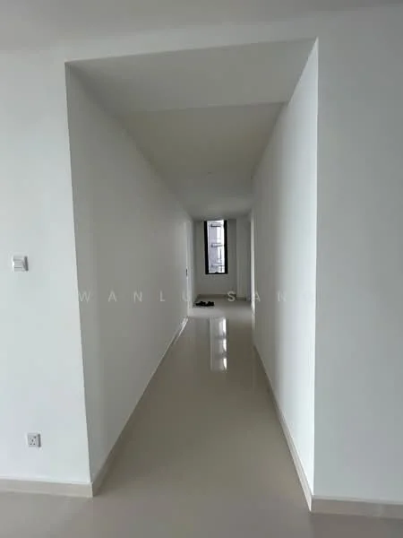 Hallway features: white painted walls, glossy tile flooring, recessed ceiling lights, narrow corridor layout, window at the end of the hallway, neutral color scheme; style: modern.