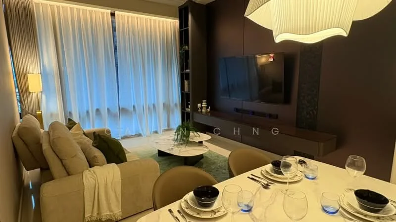 Living features: 3-seater fabric sofa in beige, coffee table, wall-mounted TV, TV console, area rug, floor-to-ceiling windows with sheer curtains, decorative plant, dining table set for four with plates and glasses, sconce lighting, accent wall in dark color, built-in shelving unit; style: modern.