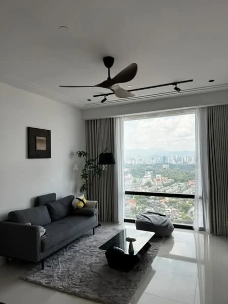 Living features: 3-seater fabric sofa in grey, coffee table, area rug with geometric pattern, floor-to-ceiling windows, city view, 5-blade ceiling fan with light, curtains, wall-mounted artwork, laminate flooring, recessed downlights; style: modern; view: city.