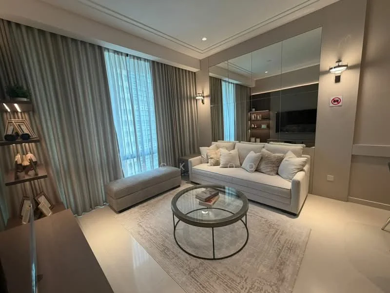 Living features: light grey fabric sofa, round glass coffee table, area rug with neutral tones, floor-to-ceiling windows, sheer curtains, wall-mounted TV, built-in shelving unit, decorative wall mirror, recessed downlights, wall sconces, light-coloured walls, cream tiled flooring; style: modern; view: city.