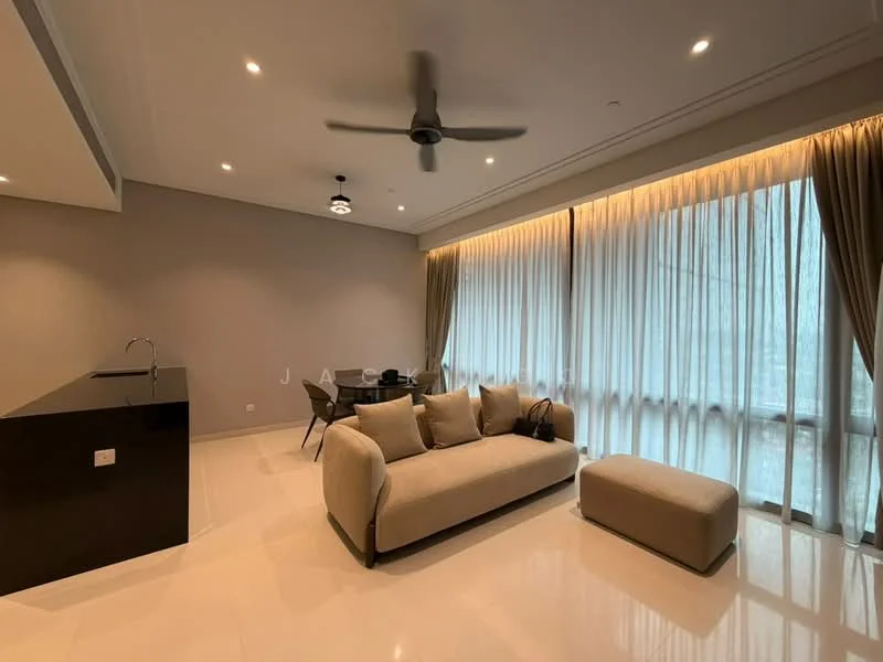 Living features: 3-seater fabric sofa in beige, ottoman in beige, round dining table for 4, 4 dining chairs, floor-to-ceiling windows, sheer curtains, dark cabinetry, recessed downlights, ceiling fan with light, cream painted walls, glossy tile flooring; style: modern; view: city.