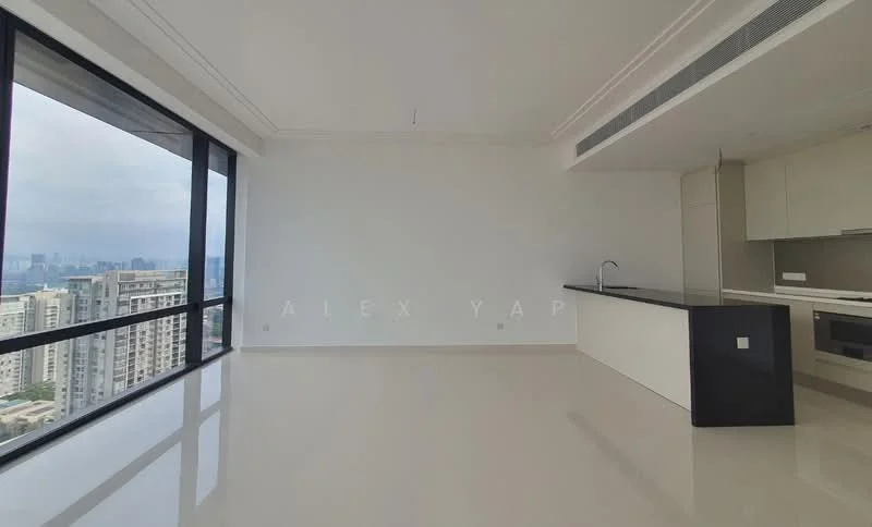 Living features: floor-to-ceiling windows, white painted walls, polished tile flooring, open kitchen layout, black countertop, built-in cabinetry, stainless-steel sink, modern kitchen appliances; style: modern; view: city.