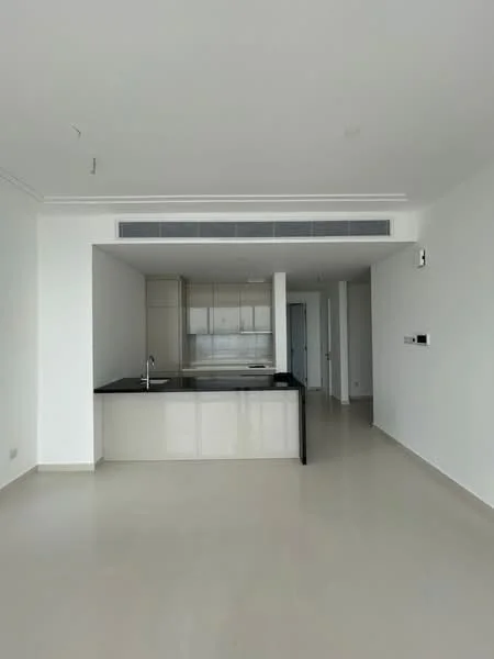 Kitchen features: black countertop, white cabinetry, stainless-steel sink, chrome pull-down faucet, built-in oven, freestanding range oven, open layout, recessed downlights, smooth plastered walls, light-colored flooring, floor-to-ceiling windows, air conditioning vent; style: modern. Room features: smooth plastered walls, light-colored flooring, open layout, recessed downlights.