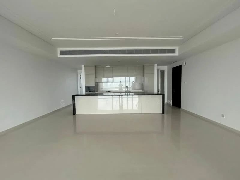 Kitchen features: island kitchen with black countertop, white cabinetry, built-in oven, stainless-steel range hood, glass backsplash, open layout, recessed lighting, large windows for natural light, neutral-colored walls, polished concrete flooring; style: modern; view: city.