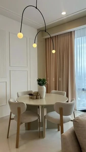 Dining features: round dining table, 4 upholstered dining chairs, light wood table base, white tabletop, pendant light fixture with three globes, floor-to-ceiling windows, sheer curtains, decorative plant in a pot, cream painted walls, light-colored flooring; style: modern; view: city.