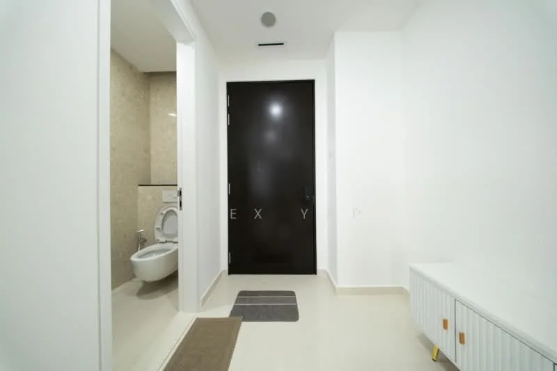 Room features: white painted walls, light-colored flooring, black front door, wall-mounted toilet, stone wall cladding, doormat, console table, recessed lighting; style: modern.