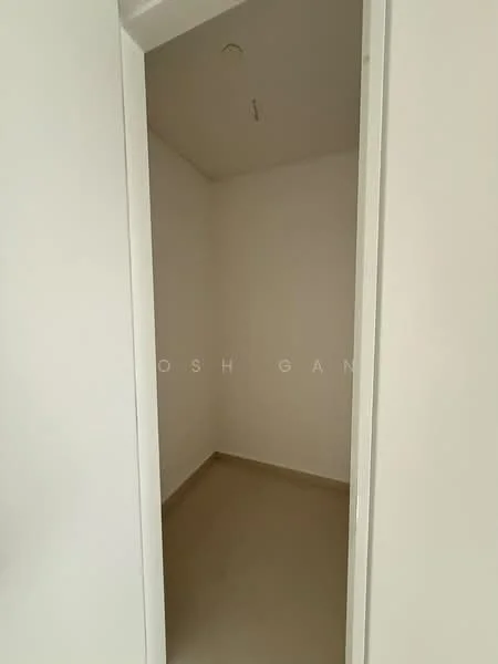 Room features: white painted walls, neutral tile flooring, ceiling light fixture, door frame, empty space; style: modern.