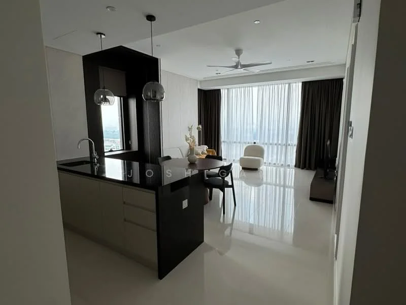 Kitchen features: island kitchen with black countertop, white cabinetry, stainless-steel sink, chrome pull-down faucet, pendant lighting above island, open layout to dining area, recessed downlights, floor-to-ceiling windows, white walls, polished tile flooring; style: modern; view: city. Dining features: 4-seater dining table, upholstered dining chairs, decorative centerpiece, floor-to-ceiling windows, curtains, minimalist decor; style: modern; view: city.