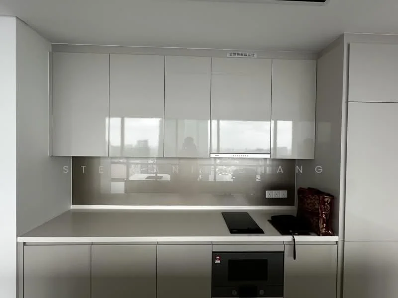 Kitchen features: white high-gloss cabinetry, integrated oven, built-in cooktop, glass backsplash, quartz countertop, under-cabinet lighting, stainless-steel range hood, open shelving, minimalist design; style: modern.