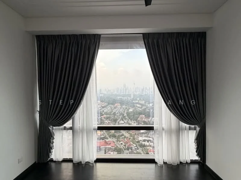 Room features: floor-to-ceiling windows, grey curtains, sheer white curtains, black flooring, city skyline view; style: modern; view: city.