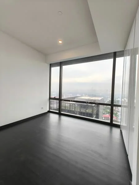 Room features: large floor-to-ceiling windows, black wooden flooring, white painted walls, recessed downlights, city skyline view; style: modern; view: city.