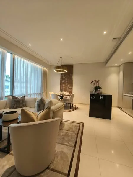 Living features: cream upholstered sofa, round coffee table, area rug with geometric pattern, floor-to-ceiling windows, sheer curtains, chandelier with circular design, decorative wall art, recessed downlights, marble flooring, dining area with round table and chairs; style: modern; view: city.