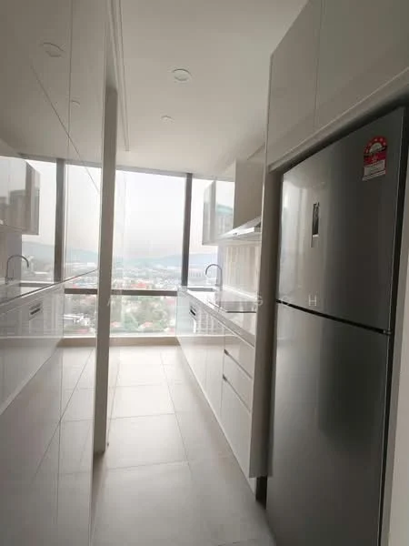 Kitchen features: white cabinetry, stainless-steel fridge, marble countertop, built-in oven, ceramic tile flooring, floor-to-ceiling windows, modern faucet, undermount sink, open shelving, recessed downlights, pantry space, city view; style: modern; view: city.