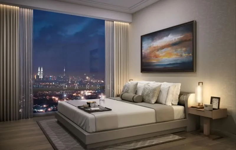 Bedroom features: king-size bed with upholstered headboard, decorative throw pillows, bedside tables with lamps, framed artwork on wall, floor-to-ceiling windows, sheer curtains, wooden flooring, city skyline view, recessed ceiling lights; style: modern; view: city.