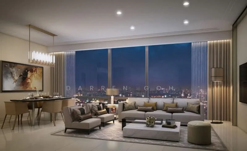 Living features: floor-to-ceiling windows, city view, 3-seater fabric sofa in grey, 2-seater fabric sofa in beige, coffee table with marble top, area rug with geometric pattern, wall-mounted TV, entertainment unit, chandelier with multiple bulbs, decorative artwork on wall, dining table for 4 with upholstered chairs, curtains with sheer and blackout options, recessed downlights, light-colored walls, polished tile flooring; style: modern.