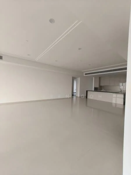 Room features: white painted walls, polished ceramic tile flooring, tray ceiling, recessed downlights, open layout, kitchen area visible in background; style: modern.