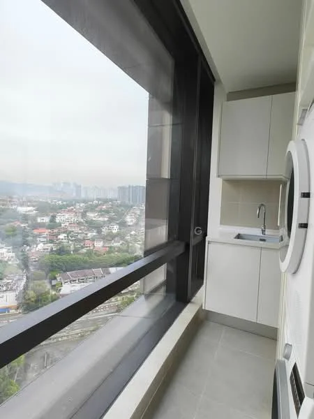 Laundry features: single-bowl stainless-steel sink, chrome pull-down faucet, white cabinetry, washer-dryer combo, large floor-to-ceiling windows, grey tile flooring, city view; style: modern; view: city.