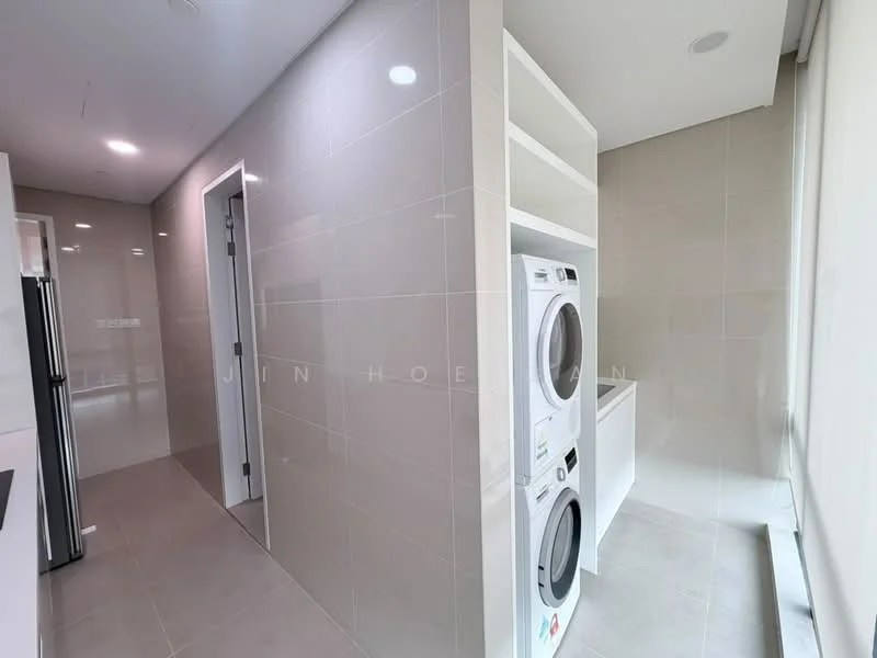 Laundry features: stacked front-load washing machine, stacked tumble dryer, white cabinetry, grey tiled walls, light grey tiled flooring, recessed ceiling lights, window with natural light, open shelving; style: modern.