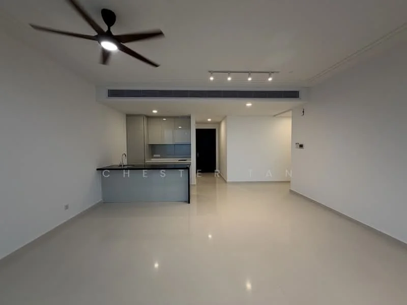 Living features: white painted walls, polished tile flooring, 5-blade ceiling fan with light, recessed downlights, open-plan layout, kitchen island, grey cabinetry, stainless-steel sink, countertop with overhang, floor-to-ceiling windows; style: modern.
