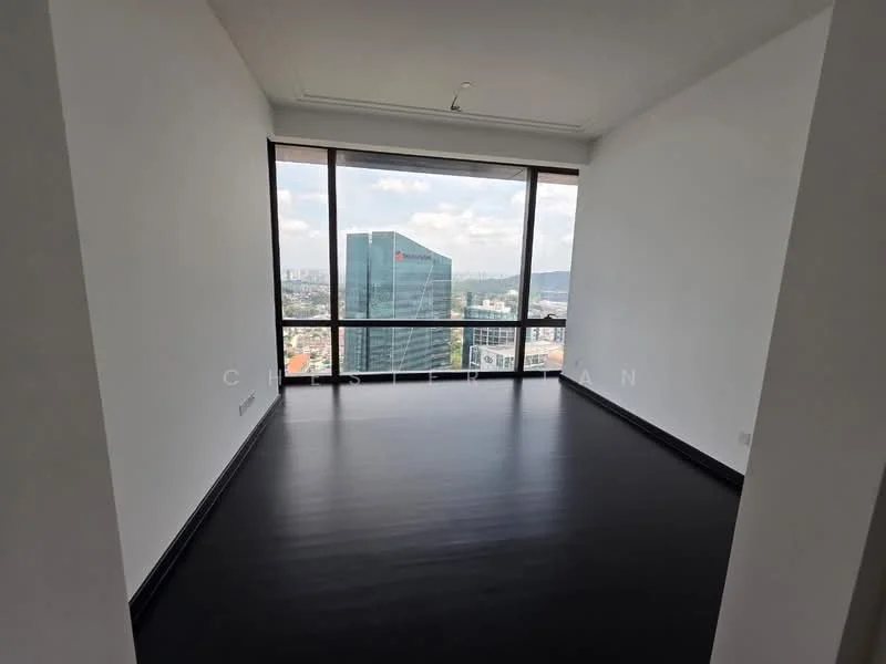 Room features: floor-to-ceiling windows, black laminate flooring, white painted walls, city skyline view, recessed ceiling lights; style: modern; view: city.