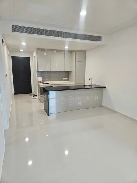 Kitchen features: white cabinetry, black countertop, single-bowl stainless-steel sink, chrome pull-down faucet, built-in oven, ceramic tile flooring, recessed downlights, open layout, island with seating, wall-mounted cabinets, modern design, air conditioning vent; style: modern.