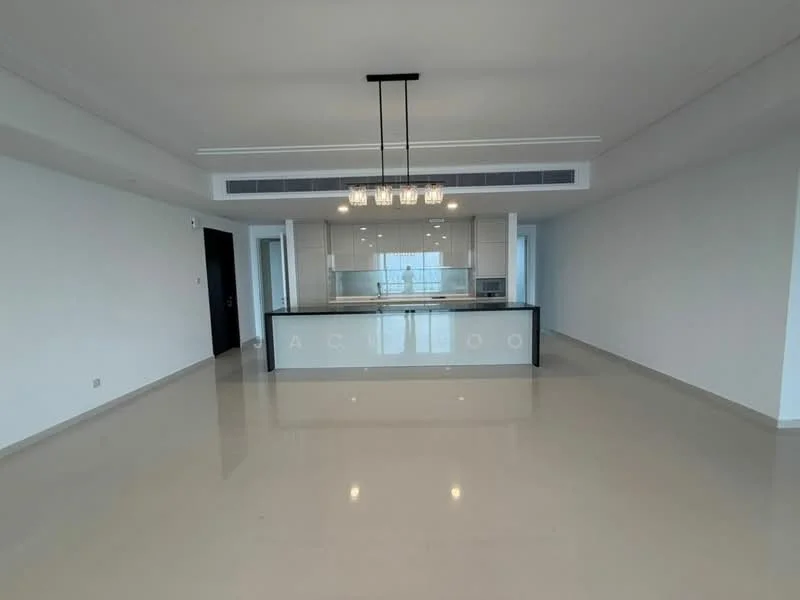 Living features: white painted walls, polished concrete flooring, recessed downlights, chandelier, open-plan layout, floor-to-ceiling windows, kitchen island with seating, glass backsplash, built-in kitchen appliances; style: modern; view: city.
