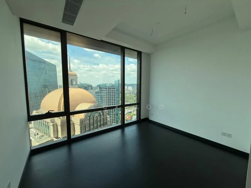 Room features: floor-to-ceiling windows, black vinyl flooring, white painted walls, tray ceiling, city view, no visible furniture, minimalist design; style: modern; view: city.