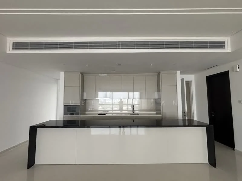 Kitchen features: island kitchen with black countertop, white cabinetry, built-in oven, microwave, stainless-steel sink, chrome pull-down faucet, recessed downlights, ventilation duct, smooth plastered walls, porcelain tile flooring; style: modern.
