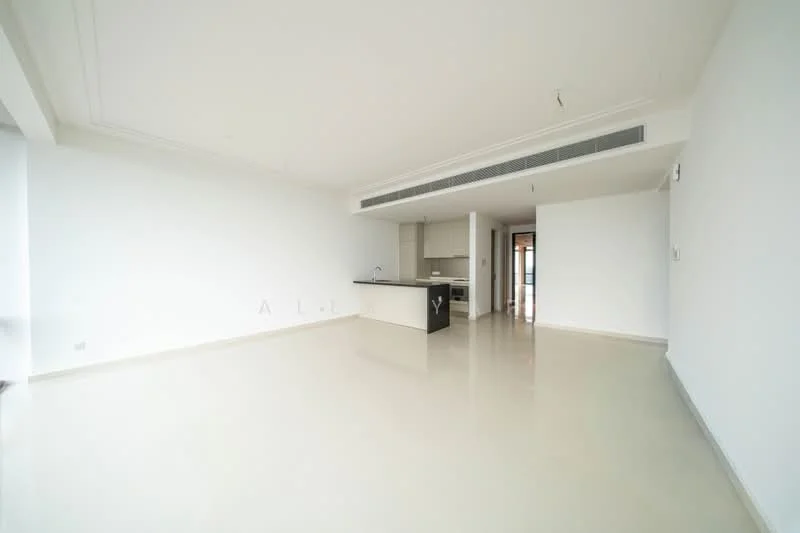 Living features: white painted walls, polished concrete flooring, recessed downlights, open-plan layout, floor-to-ceiling windows, kitchen island with countertop, air conditioning vent, sliding glass door leading to balcony; style: modern.