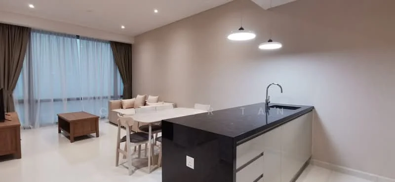 Living features: white painted walls, light-colored flooring, floor-to-ceiling windows, sheer curtains, 3-blade ceiling fan with light, sofa with cushions, wooden coffee table, dining table with chairs, black countertop, stainless-steel sink, modern pendant lights; style: modern.