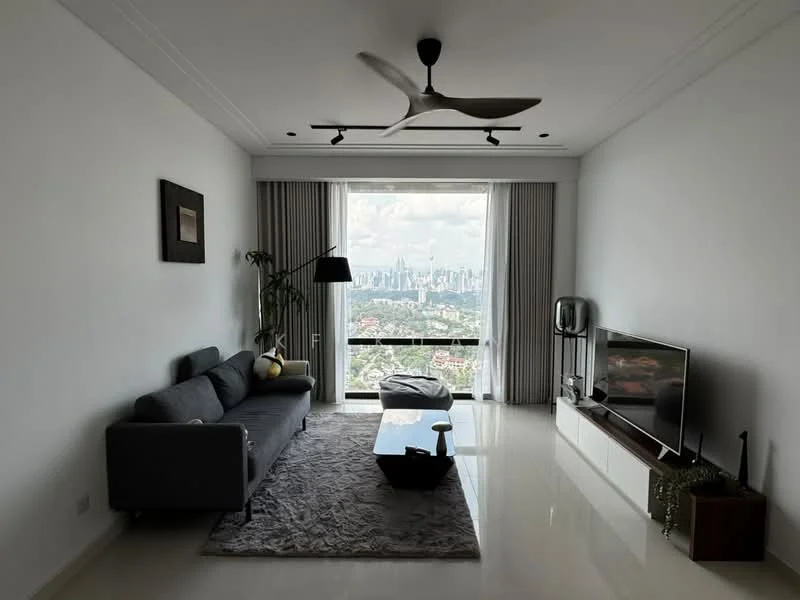 Living features: grey fabric 3-seater sofa, glass coffee table, area rug with geometric pattern, wall-mounted TV, TV console, floor-to-ceiling windows, city skyline view, ceiling fan with light, decorative wall art, curtains, white painted walls, polished tile flooring; style: modern; view: city.