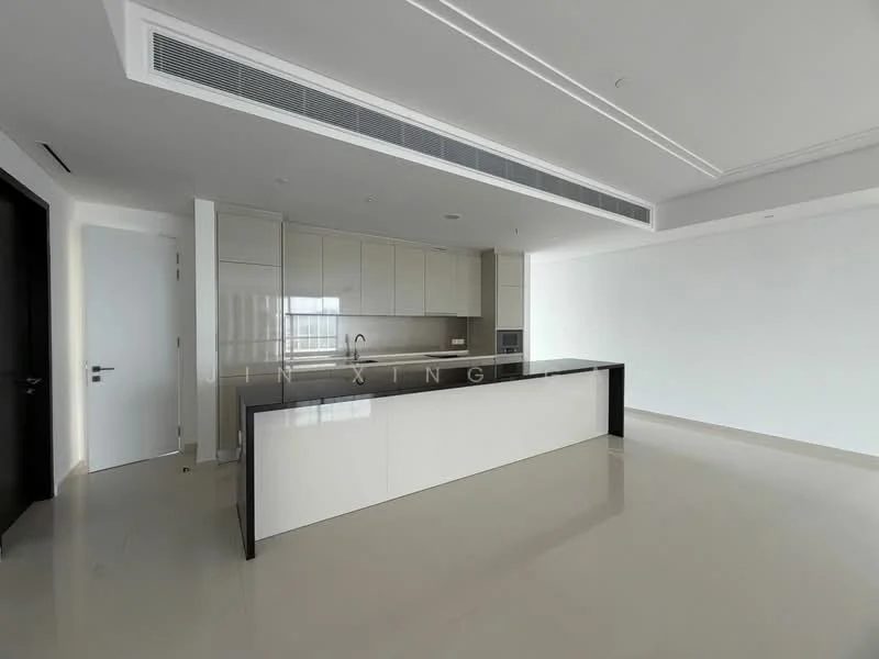 Kitchen features: white glossy cabinetry, black countertop, built-in oven, stainless-steel fridge, single-bowl stainless-steel sink, chrome pull-down faucet, ceramic tile flooring, recessed downlights, open layout, floor-to-ceiling windows, island with seating, neutral wall color; style: modern; view: city.