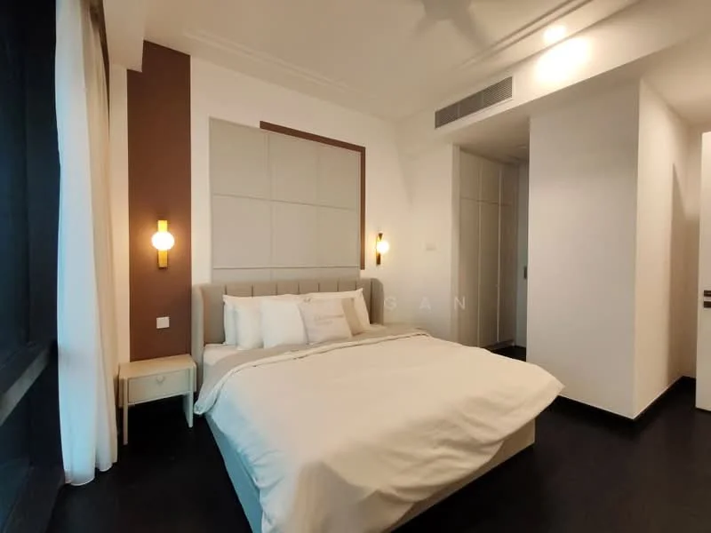 Bedroom features: king-size bed with upholstered headboard, white bedding, nightstand with lamp, built-in wardrobe, dark wood flooring, white painted walls, accent wall in brown, recessed ceiling lights, floor-to-ceiling windows with sheer curtains; style: modern.