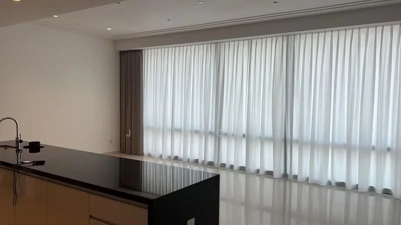 Living features: white painted walls, marble flooring, floor-to-ceiling windows, sheer curtains, recessed downlights, kitchen island with black countertop, built-in cabinetry, open layout; style: modern.