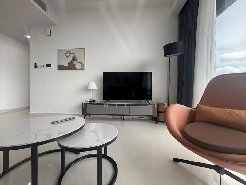 Living features: white painted walls, large floor-to-ceiling windows, grey TV console, wall-mounted TV, round coffee table with white top, black metal base coffee table, orange accent chair, floor lamp, decorative artwork on wall, light-colored flooring, sheer curtains; style: modern; view: city.