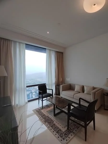 Living features: floor-to-ceiling windows, cream painted walls, marble flooring, sofa in beige, coffee table, 2 black chairs, decorative area rug, curtains, recessed downlights; style: modern; view: city.