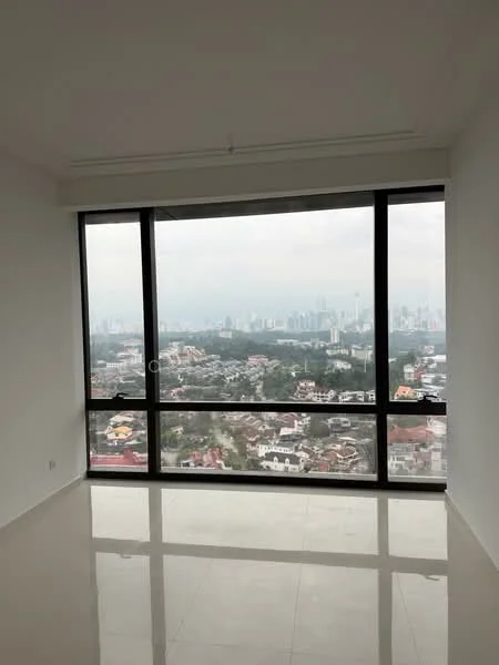 Room features: floor-to-ceiling windows, white painted walls, polished ceramic tile flooring, city skyline view; style: modern; view: city.