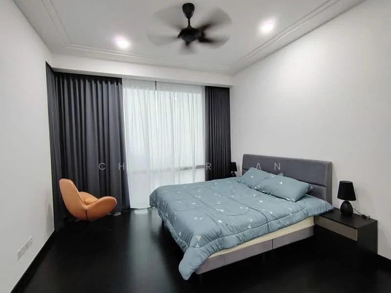 Bedroom features: king-size bed with blue bedding, upholstered headboard, black bedside table, table lamp, floor-to-ceiling windows with sheer curtains, blackout curtains, ceiling fan with light, dark wood flooring, decorative orange chair, crown moulding; style: modern.